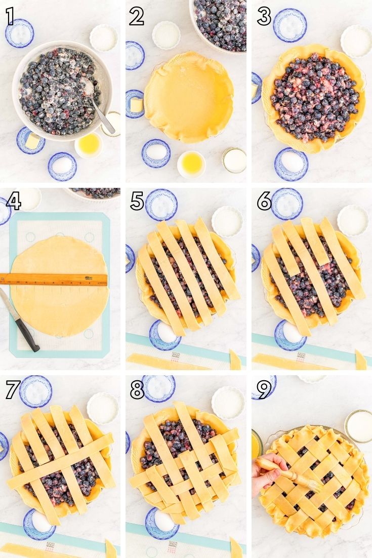 Step-by-step photo collage showing how to make blueberry pie from scratch.