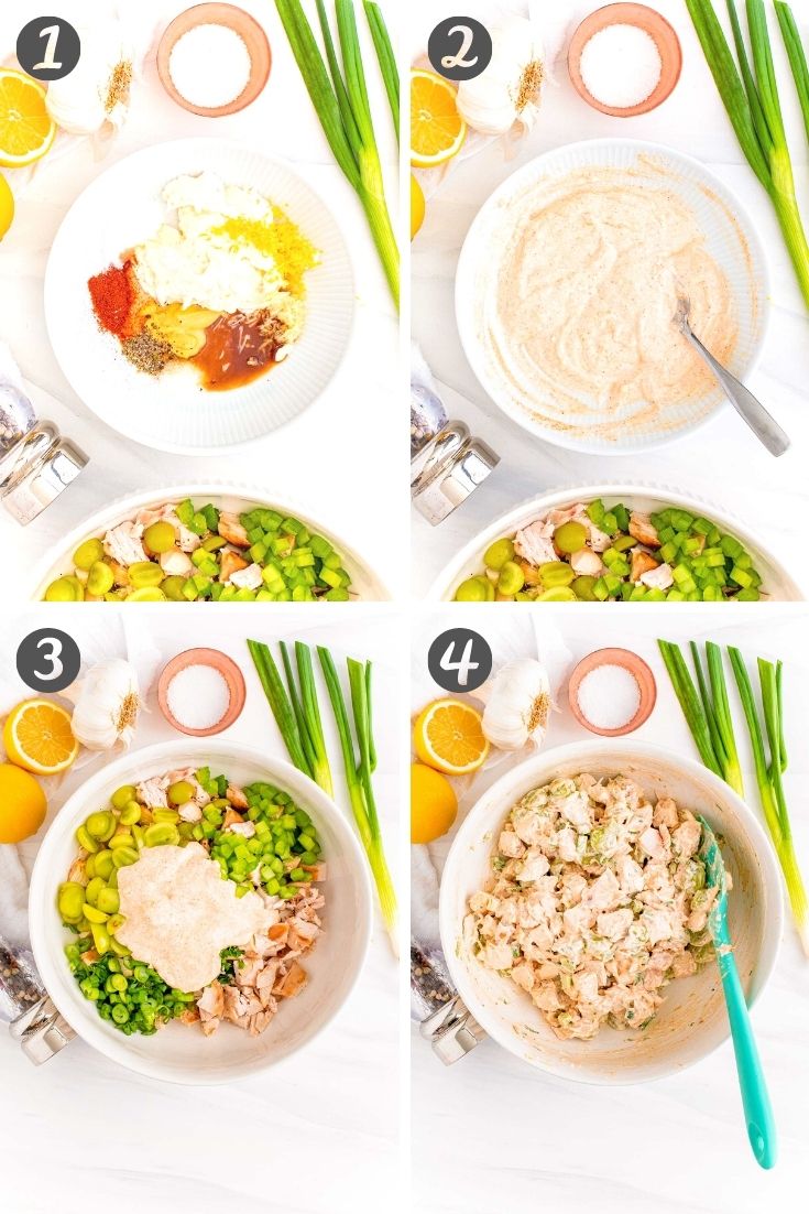 Step-by-step photo collage showing how to make chicken salad from scratch.