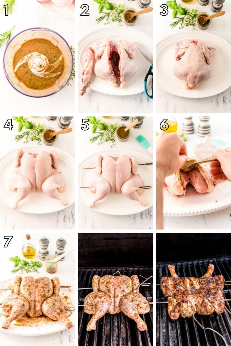 Step-by-step photo collage showing how to make spatchcock chicken on the grill.