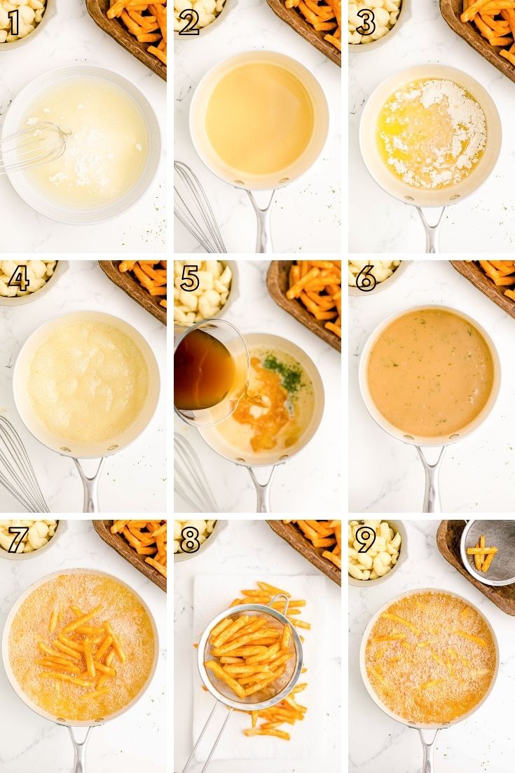 Step-by-step photo collage showing how to make poutine.