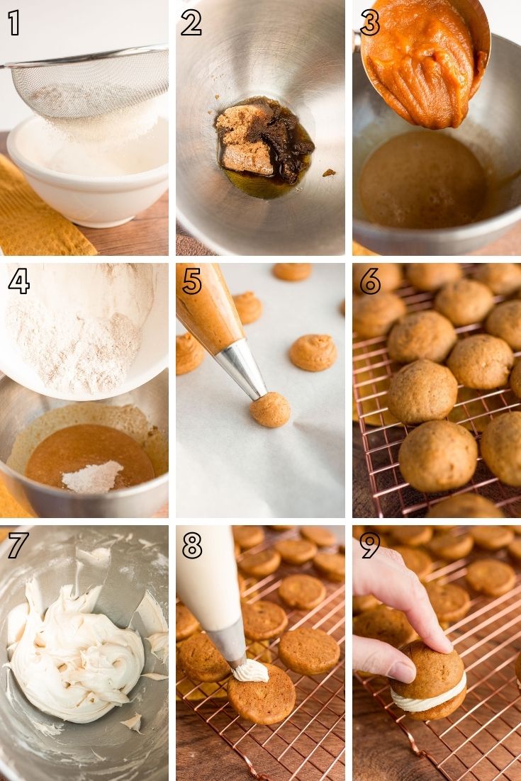 Step-by-step photo collage showing how to make pumpkin whoopie pies from scratch.