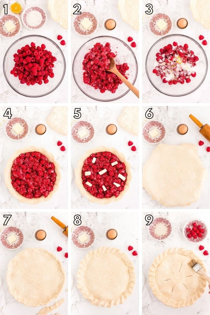 Step-by-step photo collage showing how to make raspberry pie from scratch.