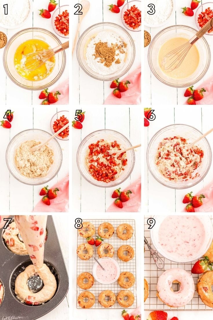 Step-by-step photo collage showing how to make baked strawberry donuts from scratch.