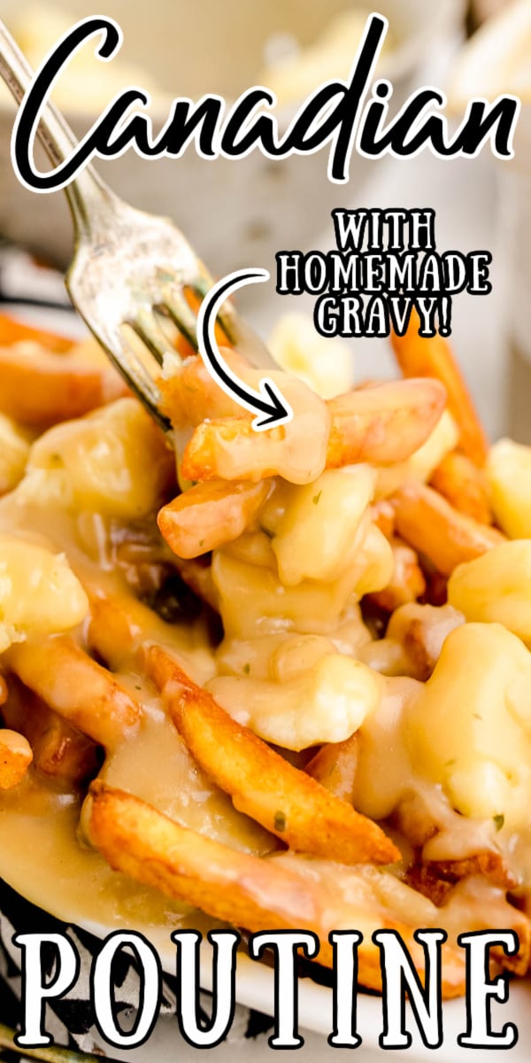 Authentic Canadian Poutine covers crispy double-fried French fries with homemade beef gravy and cheese curds for a savory cheesy appetizer! via @sugarandsoulco