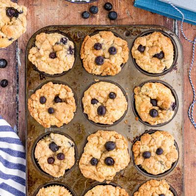 Overhead photo of a pan of blueberry streusel muffins.