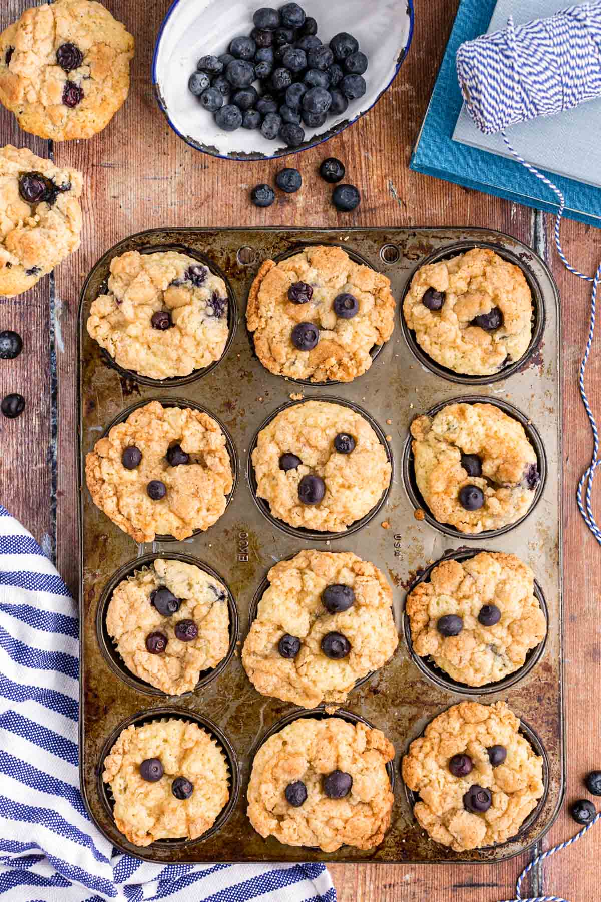 Overhead photo of a pan of blueberry streusel muffins.