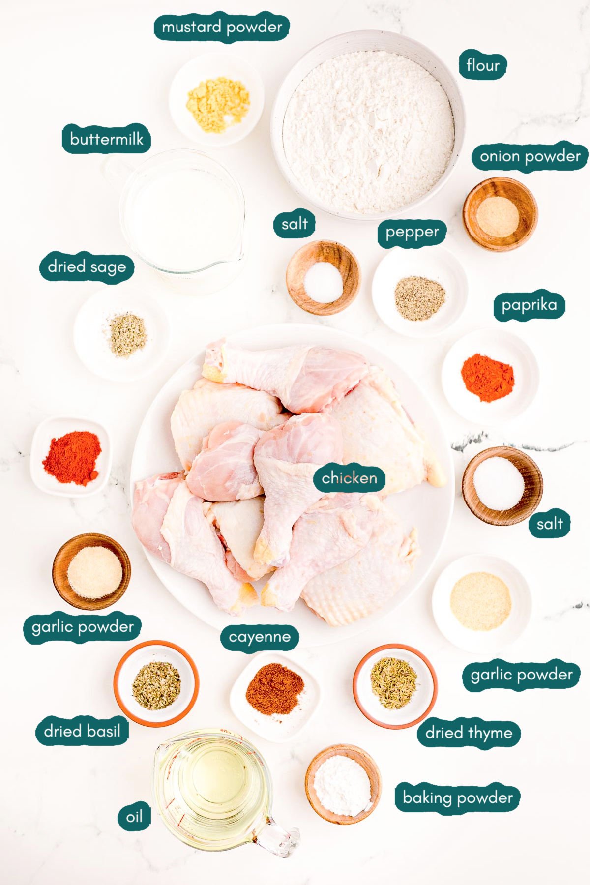 Overhead photos of ingredients prepped to make buttermilk fried chicken on a marble surface.