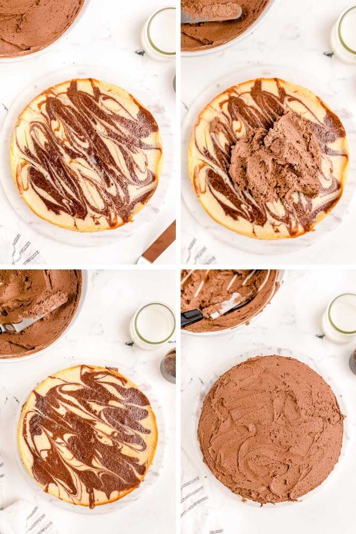 Step-by-step photo collage showing how to assemble a marble layer cake.