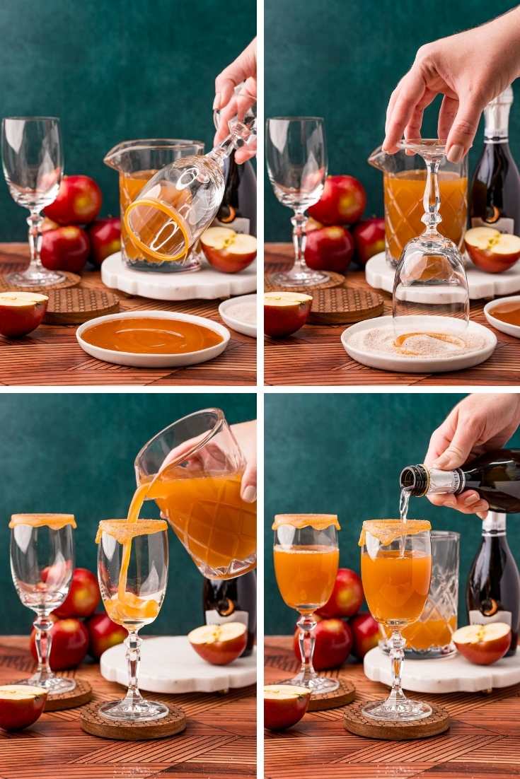 Step-by-step photo collage showing how to make apple cider mimosas.