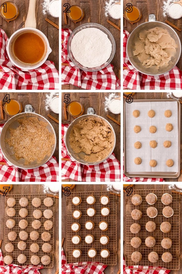 Step-by-step photo collage showing how to make apple cider whoopie pies.