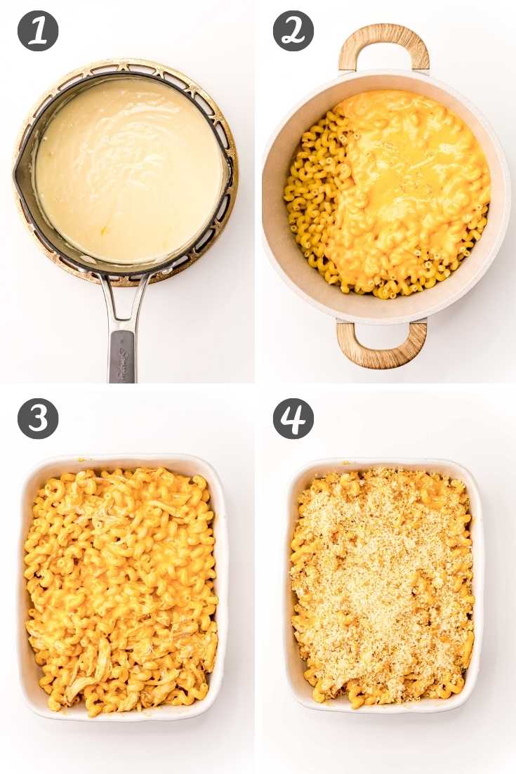 Step-by-step photo collage showing how to make buffalo chicken mac and cheese.