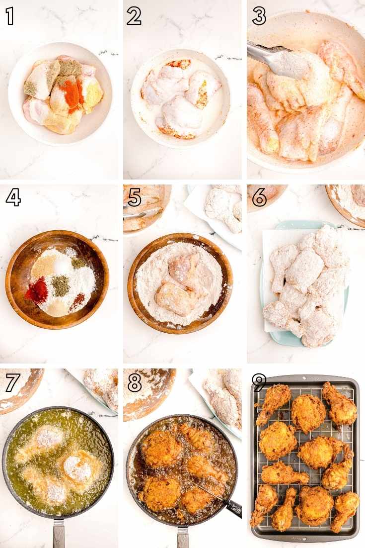 Step-by-step photo collage showing how to make buttermilk fried chicken.