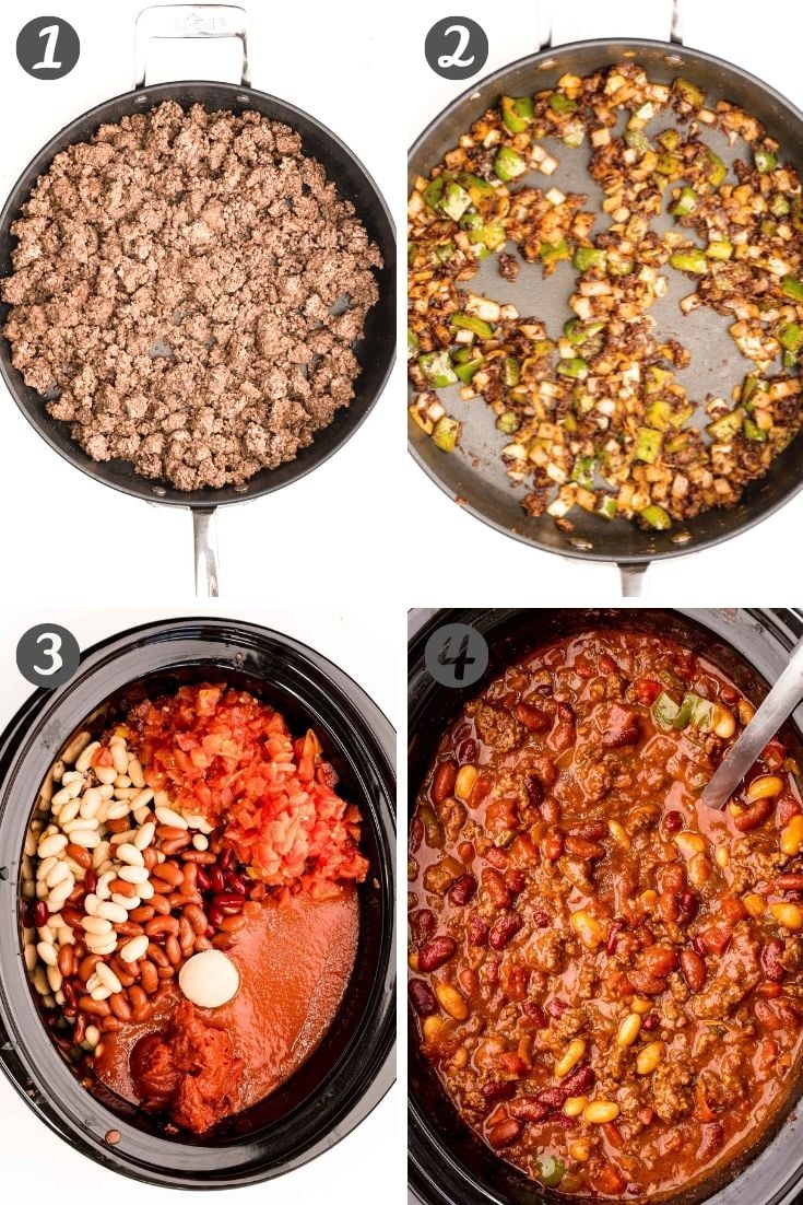 Step-by-step photo collage showing how to make chili in a slow cooker.