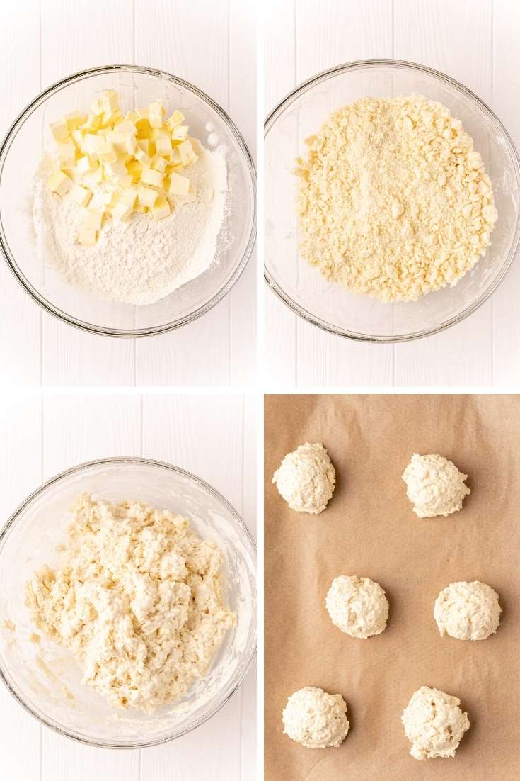 Step-by-step photo collage showing how to make drop biscuits.