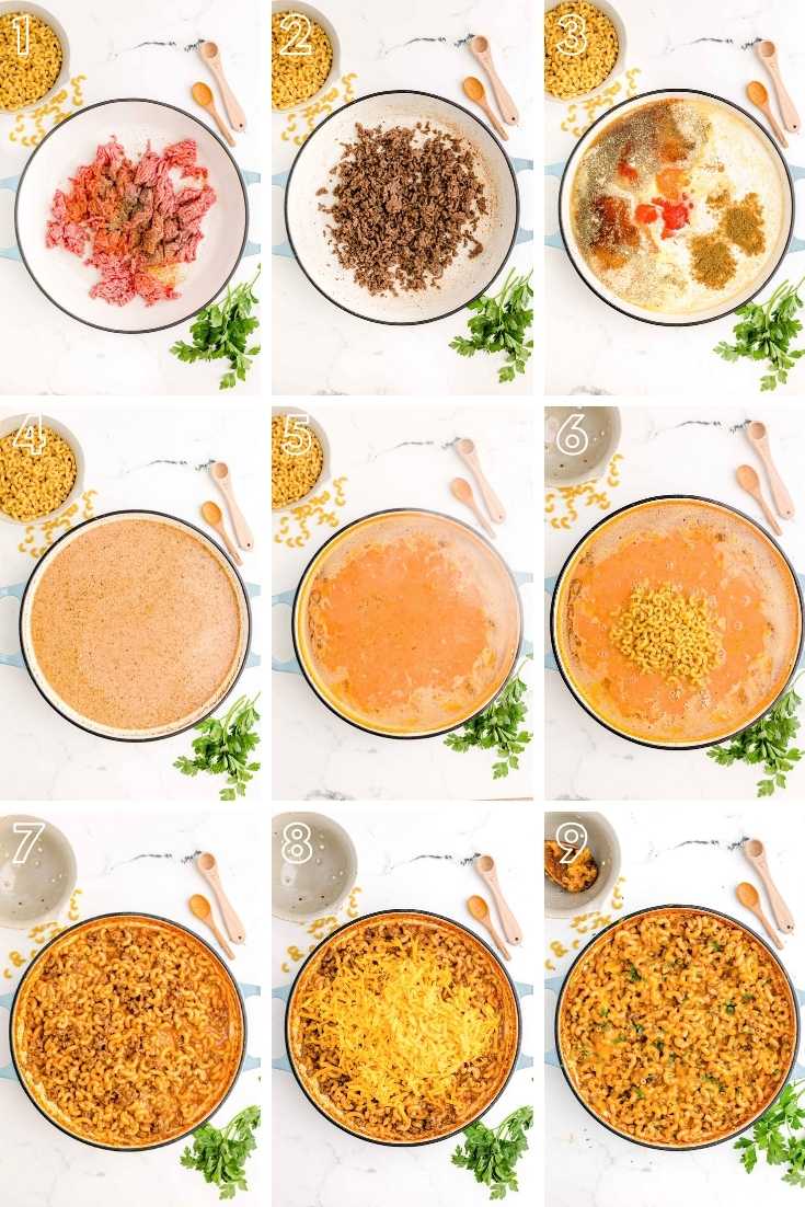 Step-by-step photo collage showing how to make hamburger helper from scratch.