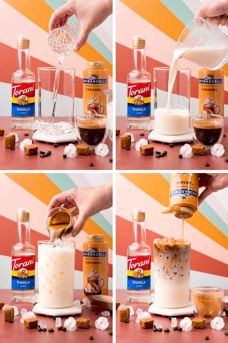 Photo collage showing step by step photos for how to make an iced caramel macchiato at home.