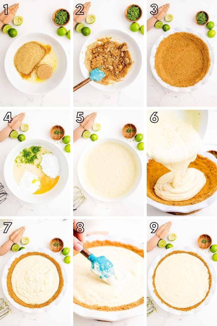 Step-by-step photo collage showing how to make key lime pie from scratch.