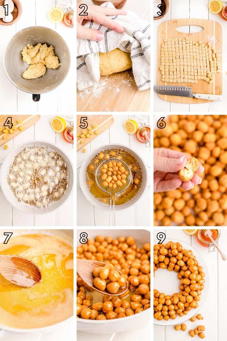 Step-by-step photo collage showing how to make struffoli from scratch.