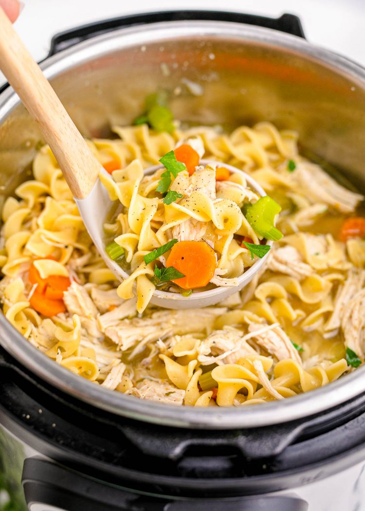 A ladle scooping chicken noodle soup out of an instant pot.