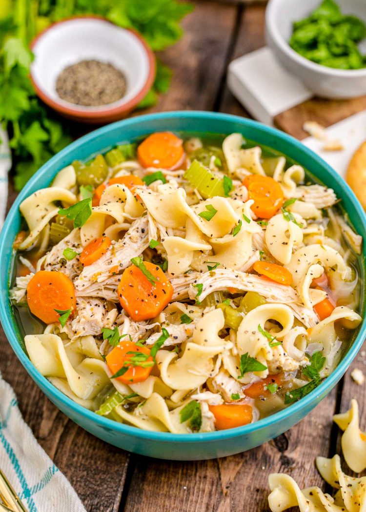 Close up photo of a teal bowl filled with chicken noodle soup with herbs and spices in the background.