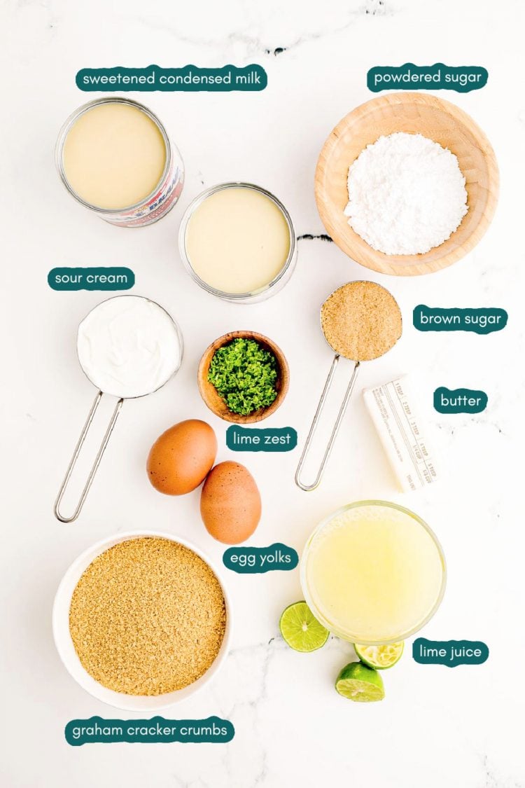 Overhead photo of ingredients prepped to make key lime pie.