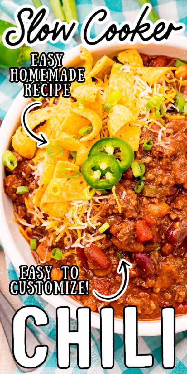 This Slow Cooker Chili is a hearty bowl of comfort food that's made with ground beef, three different kinds of beans, and dark chocolate! Let your slow cooker do all of the work for you and then pile on all of your favorite chili toppings before devouring! via @sugarandsoulco