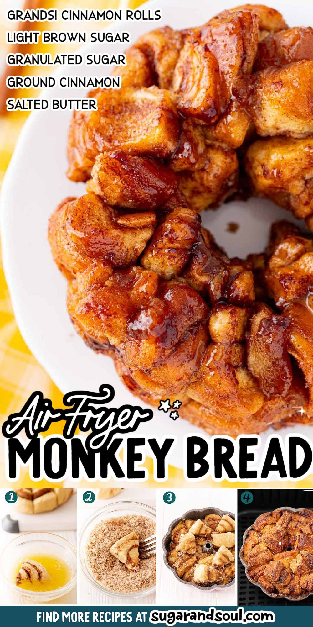 Air Fryer Monkey Bread uses canned cinnamon rolls and 4 more ingredients to deliver a lightly crisped sweet treat that cooks in 15 minutes! via @sugarandsoulco