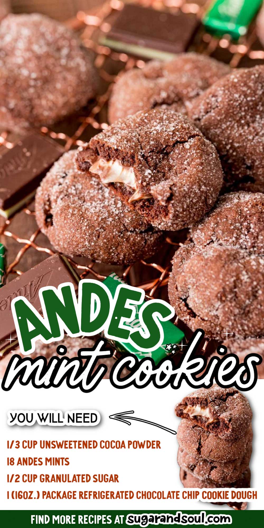 These Chocolate Mint Cookies With Andes Mints have a perfectly melted minty center that's wrapped in refrigerated cookie dough! via @sugarandsoulco