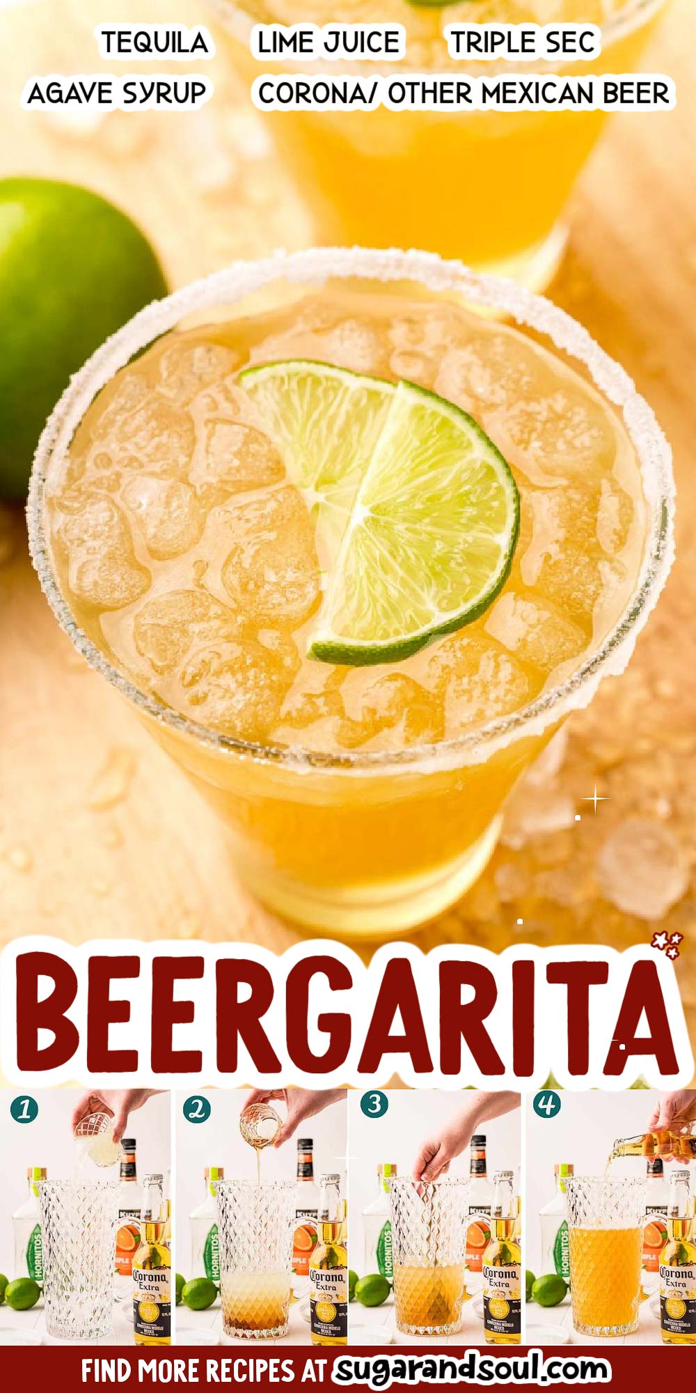 This Beer Margarita recipe is made with Corona, tequila, triple sec, lime juice, and agave! It's a refreshing and easy large batch cocktail that is perfect for sharing with friends! via @sugarandsoulco