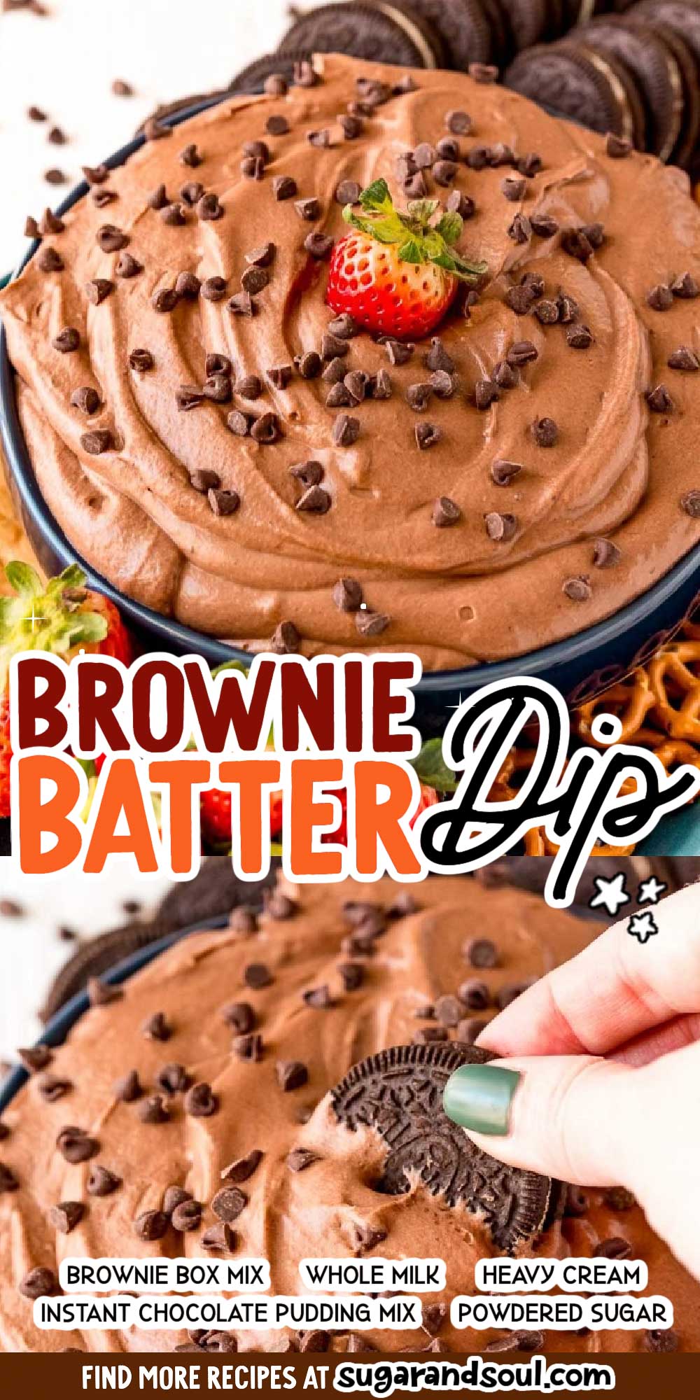 This Brownie Batter Dip is the creamiest, dreamiest chocolatey dessert dip ever! Brownie mix is cooked in milk, cooled, and then folded into a chocolate whipped cream to create a delightfully rich dip that will become your new dessert obsession! via @sugarandsoulco