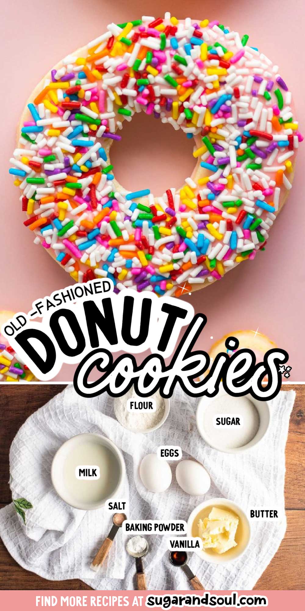 These Donut Cookies are soft, lightly sweetened cookies that are covered in easy-to-make icing and then topped with fun colorful sprinkles! An old-fashioned recipe made with basic ingredients the whole family will love! via @sugarandsoulco