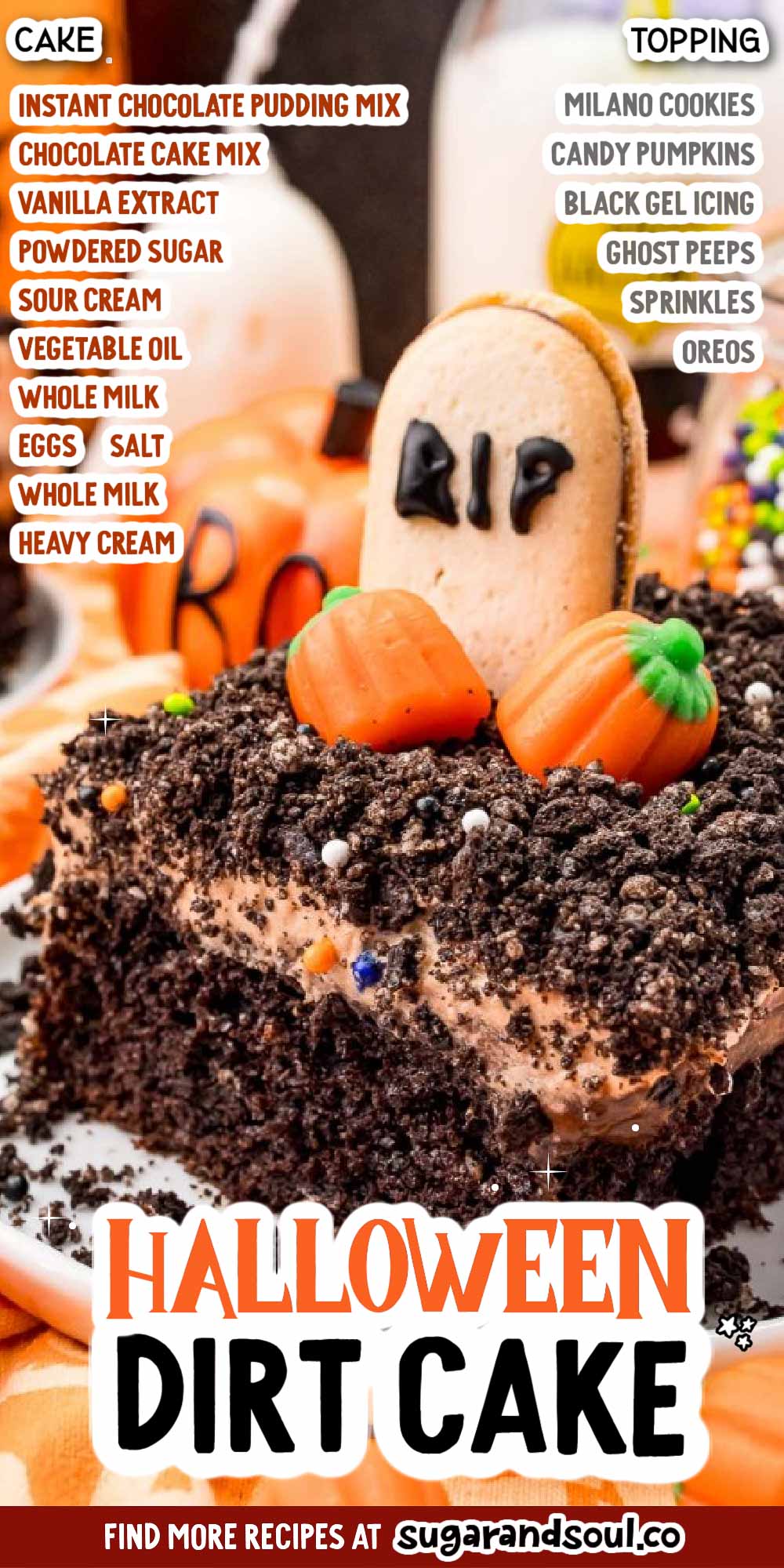 Halloween Dirt Cake layers chocolate pudding over a chocolate cake before being finished off with a 3-ingredient frosting and fun toppings! This festive cake will be an absolute hit at this year's Halloween Party! via @sugarandsoulco