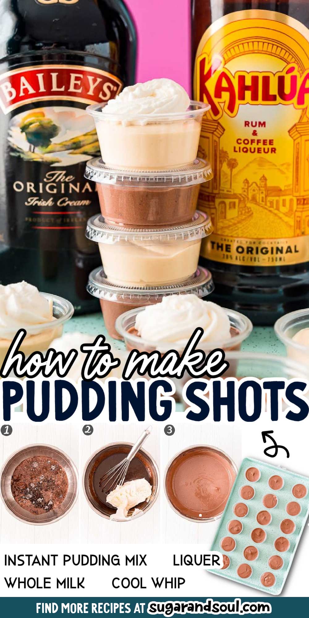 Pudding Shots are the drink/dessert combo you need for your next adult get-together! Requiring only 5 minutes of prep and 4 ingredients, you can make these with your choice of instant pudding and booze flavors.  via @sugarandsoulco