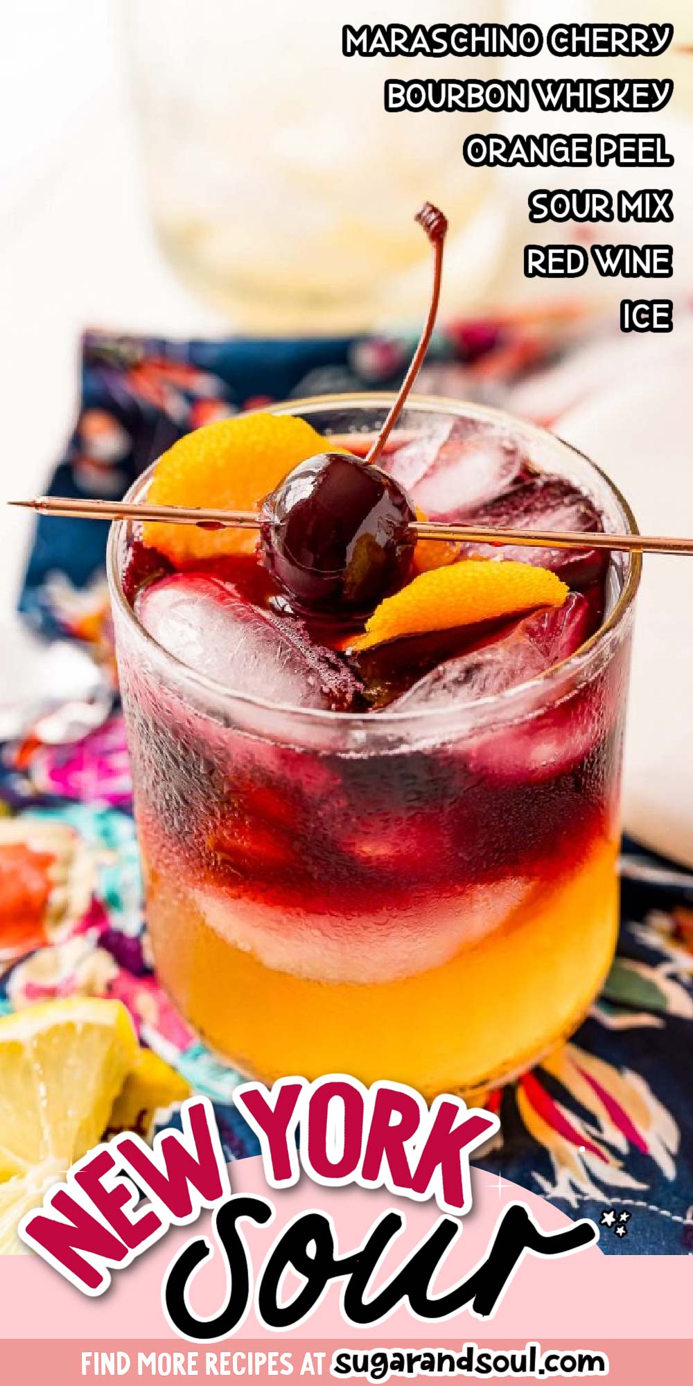 This New York Sour recipe is perfect for fans of sour cocktails! It’s made with Sour Mix, whiskey, a twist of orange, and a layer of red wine that floats on top! via @sugarandsoulco