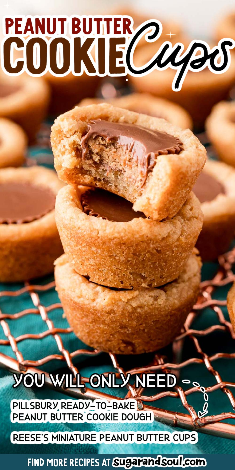 These Reese's Peanut Butter Cookie Cups use just premade cookie dough and mini peanut butter cups to make up two dozen delicious cookies! via @sugarandsoulco