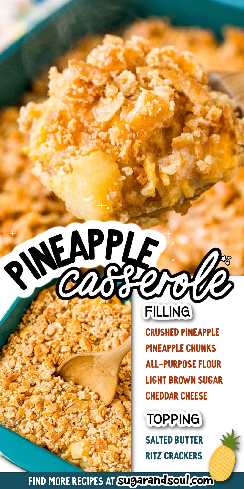 Pineapple Casserole is a salty-sweet side dish that's popular in the South and always a hit at pot lucks. It's made with pineapple, cheddar cheese, salty crackers, and a few other ingredients and takes just 5 minutes to prepare! via @sugarandsoulco