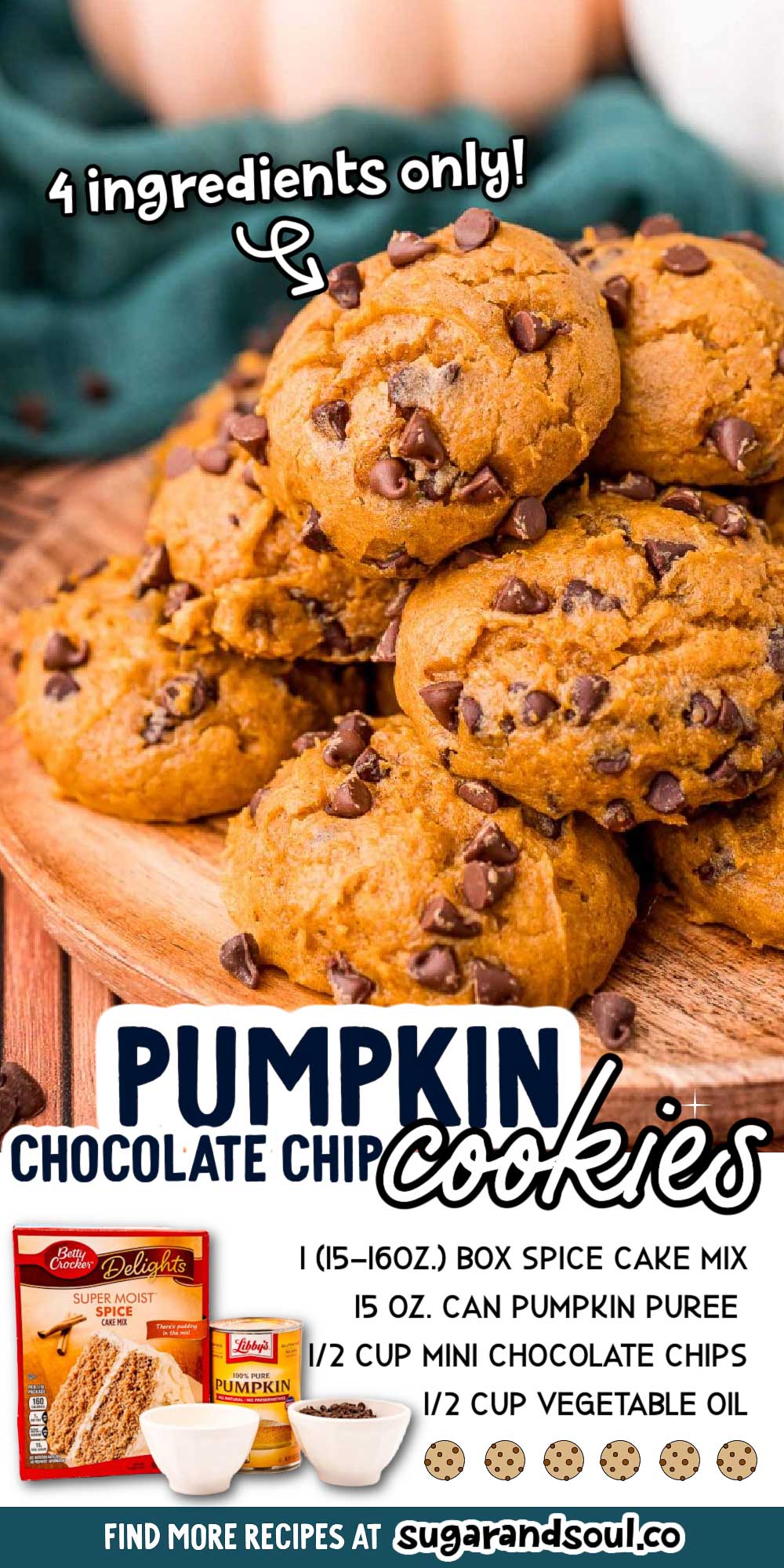 These 4-Ingredient Pumpkin Chocolate Chip Cookies are the BEST! You'll love how moist and fluffy they are and so easy to make too! The first batch is ready in just 20 minutes! via @sugarandsoulco