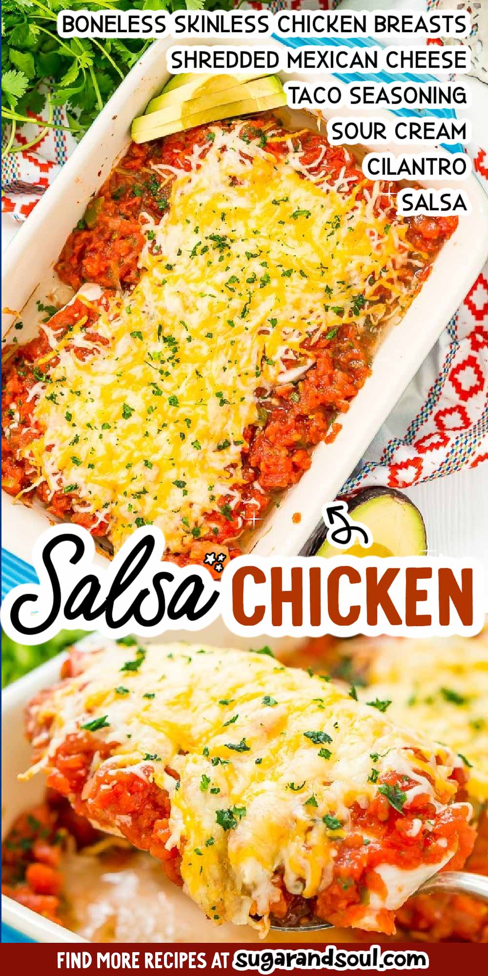 This Salsa Chicken Bake is a mouthwatering and easy dinner recipe that's made with just 4 ingredients and ready in less than 45 minutes! It's loaded with flavor and made with just chicken, taco seasoning, salsa, and cheese! via @sugarandsoulco