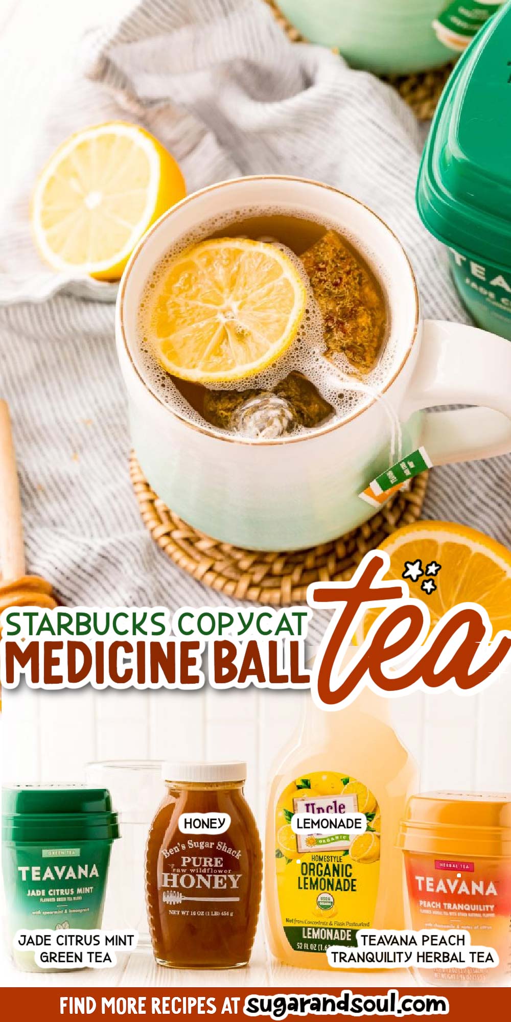 This Starbucks Medicine Ball Tea is a deliciously soothing copycat recipe made with peach and mint teas, honey, and lemonade! via @sugarandsoulco
