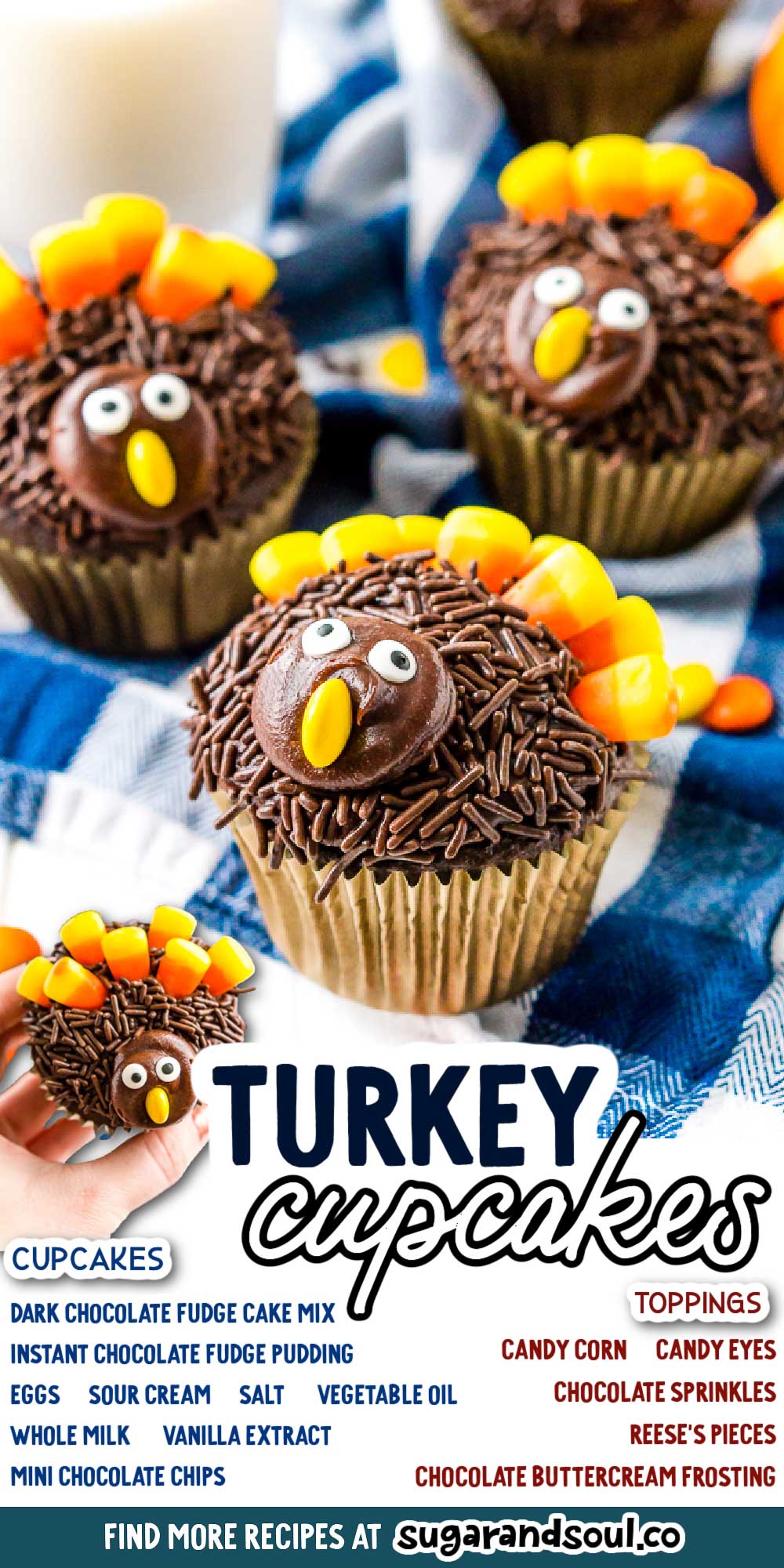 These Turkey Cupcakes are an easy-to-make treat for the kids and a fun way to celebrate the Thanksgiving season! via @sugarandsoulco