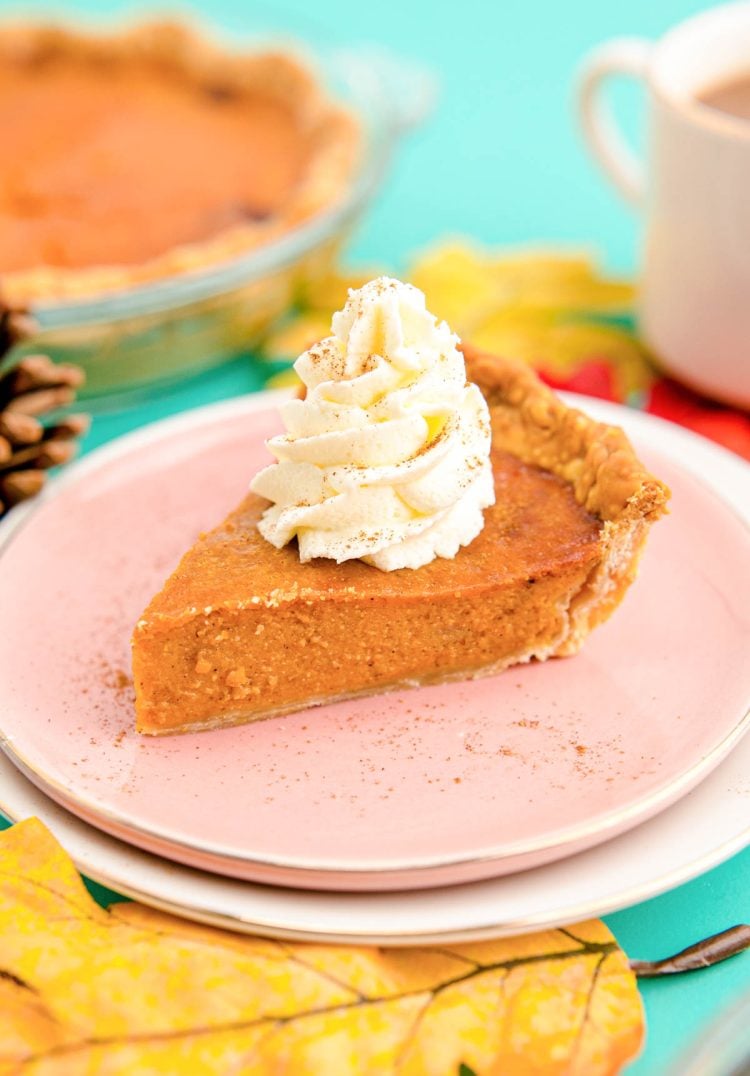 Close up photo of a slice of air fryer pumpkin pie on a pink plate with the rest of the pie in the background.