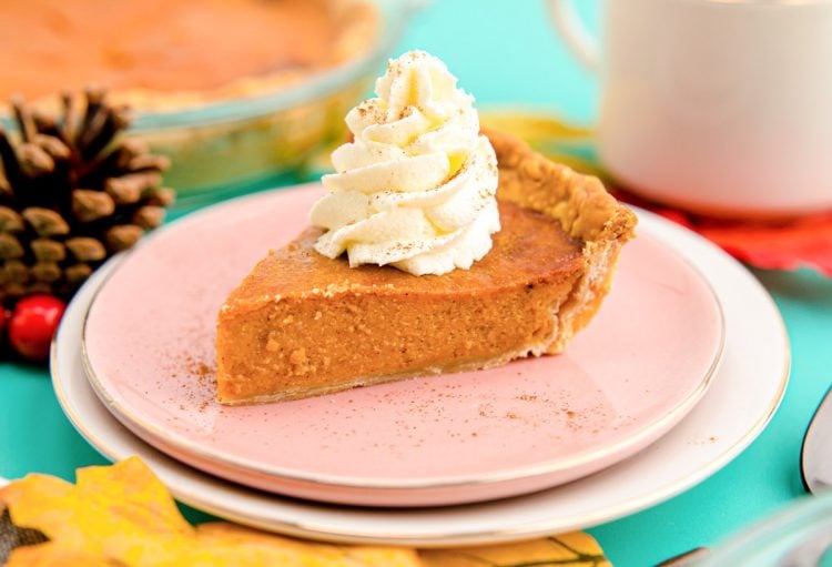 Close up photo of a slice of air fryer pumpkin pie on a pink plate with the rest of the pie in the background.