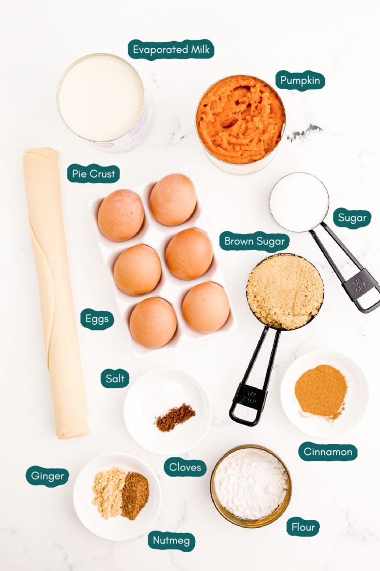 Overhead photo of ingredients prepared to make pumpkin pie in an air fryer.