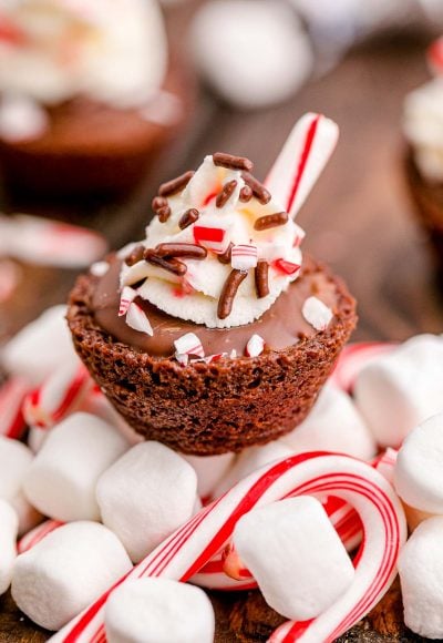 Close up photo of hot chocolate brownie bite on a mound of mini marshmallows and candy canes.