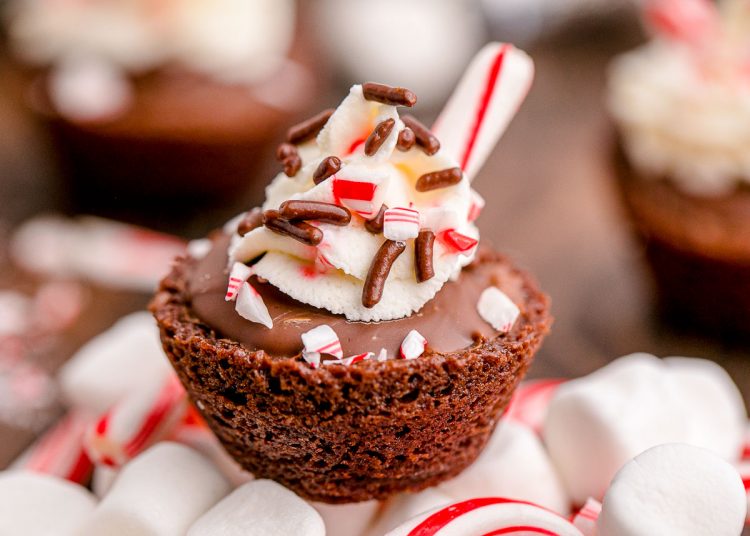 Close up photo of hot chocolate brownie bite on a mound of mini marshmallows and candy canes.