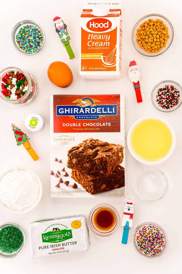 Overhead photo of ingredients used to make christmas tree brownie bites.