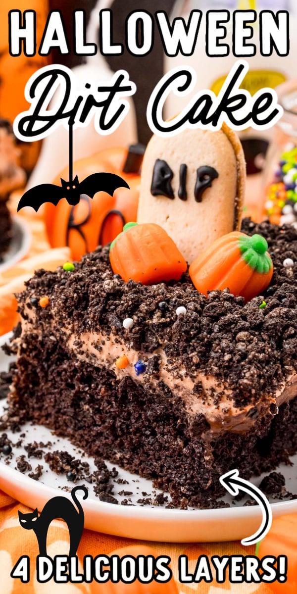 Halloween Dirt Cake layers chocolate pudding over a chocolate cake before being finished off with a 3-ingredient frosting and fun toppings! This festive cake will be an absolute hit at this year's Halloween Party! via @sugarandsoulco