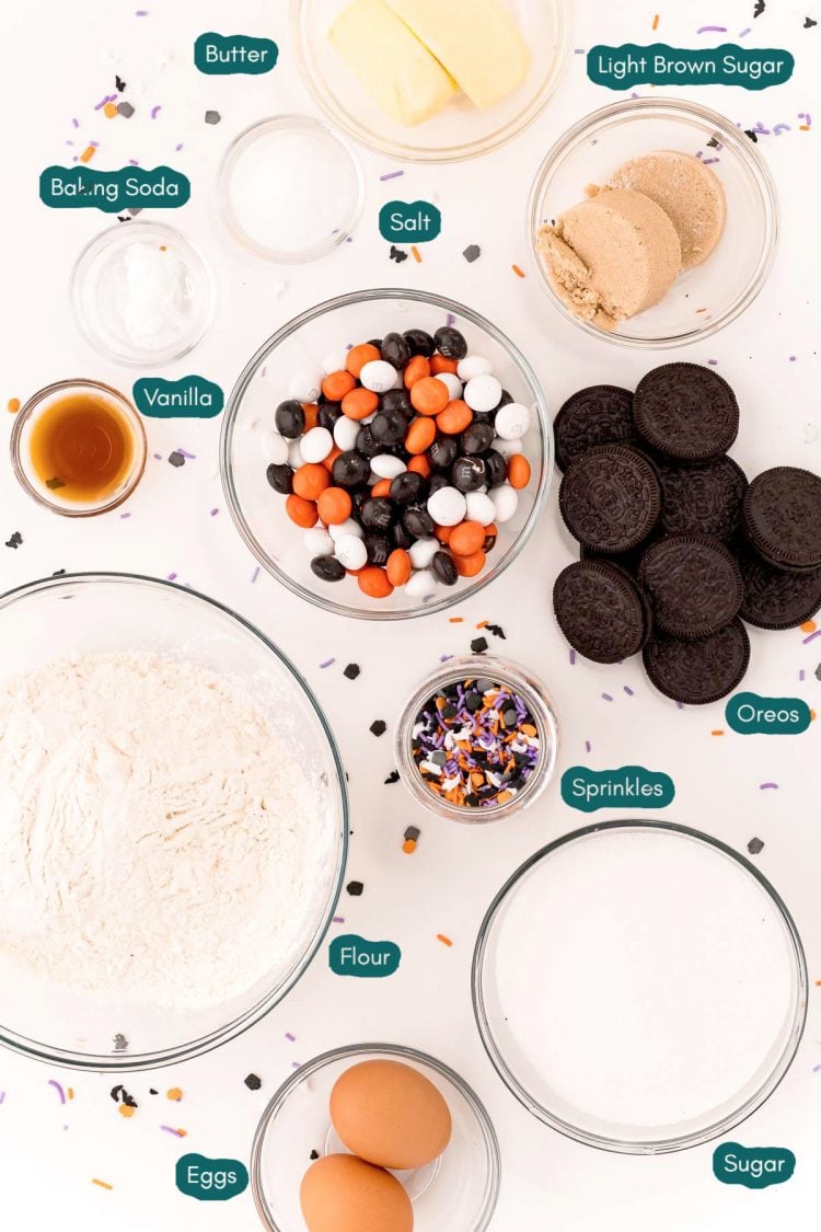 Overhead photo of ingredients prepped to make Halloween Cookies and Cream Cookie Bars.