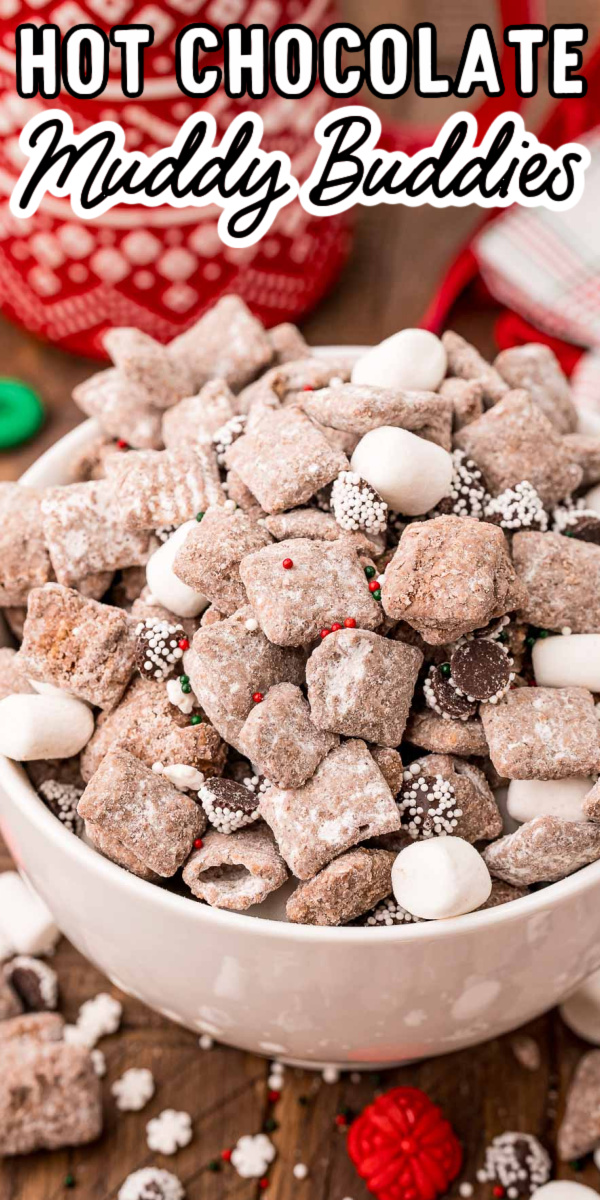 These Hot Chocolate Muddy Buddies are made with marshmallow cream and hot cocoa mix before being tossed with mini marshmallows and snowcaps! Prep this festive treat in only 15 minutes! via @sugarandsoulco