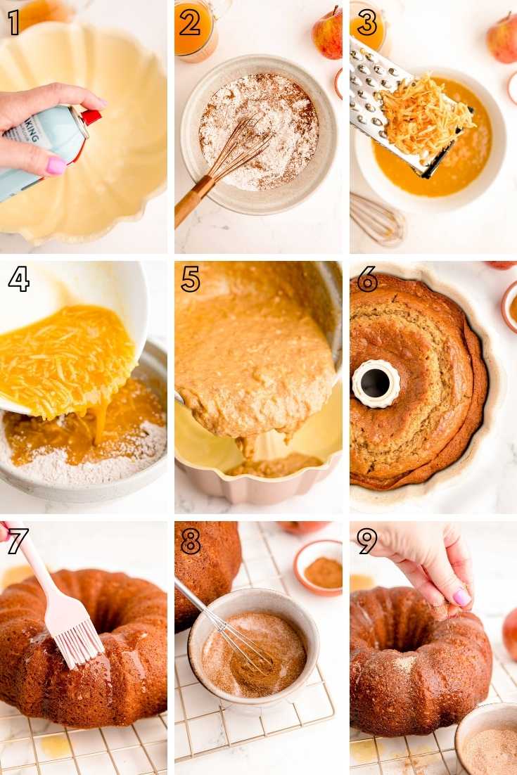 Step-by-step photo collage showing how to make apple cider donut bundt cake from scratch.
